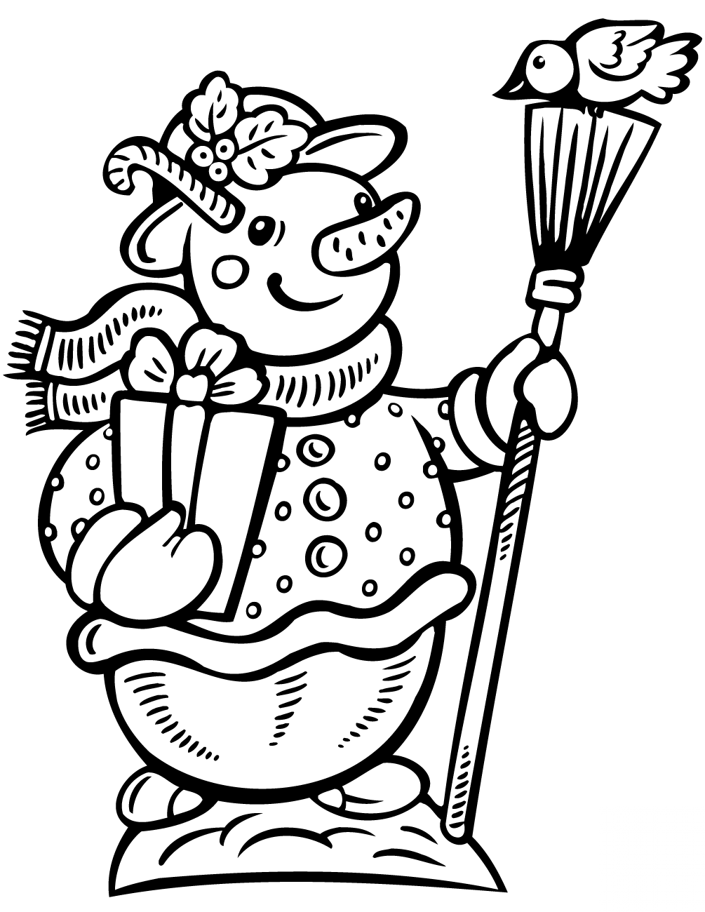 Snowman with Gift Box and Broom