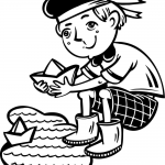 Chłopiec puszczający łódkę w kałuży