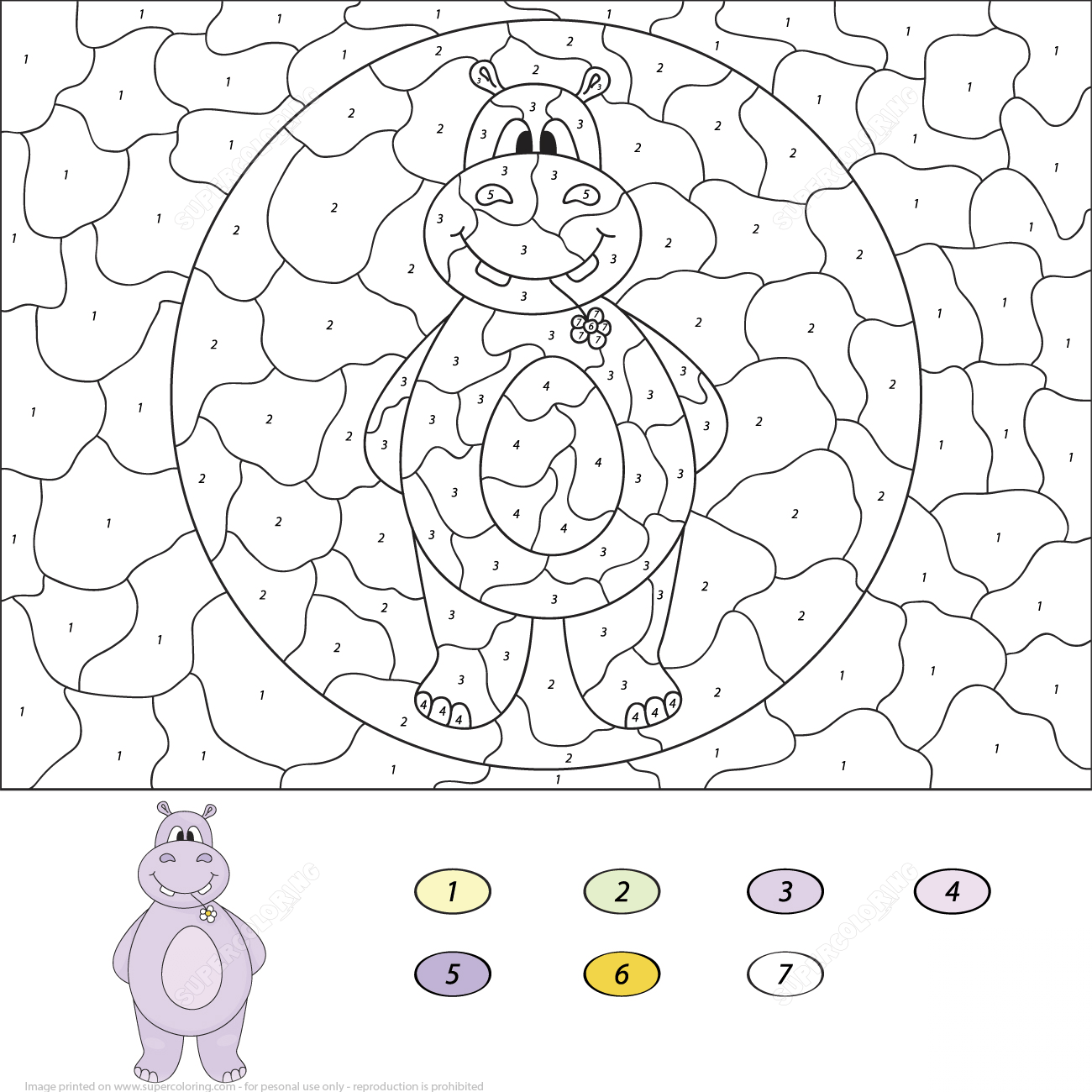 Cartoon Hippo Color by Number