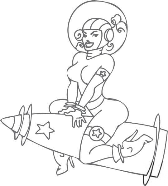 Pin-up astronautka lecąca na rakiecie