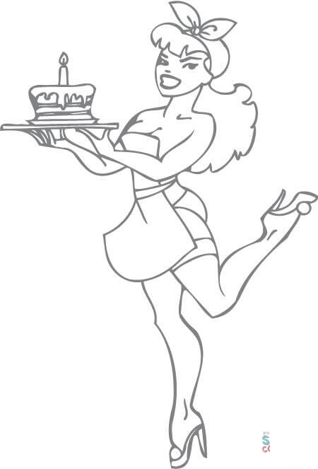 Pin-up kelnerka przynosząca tort...