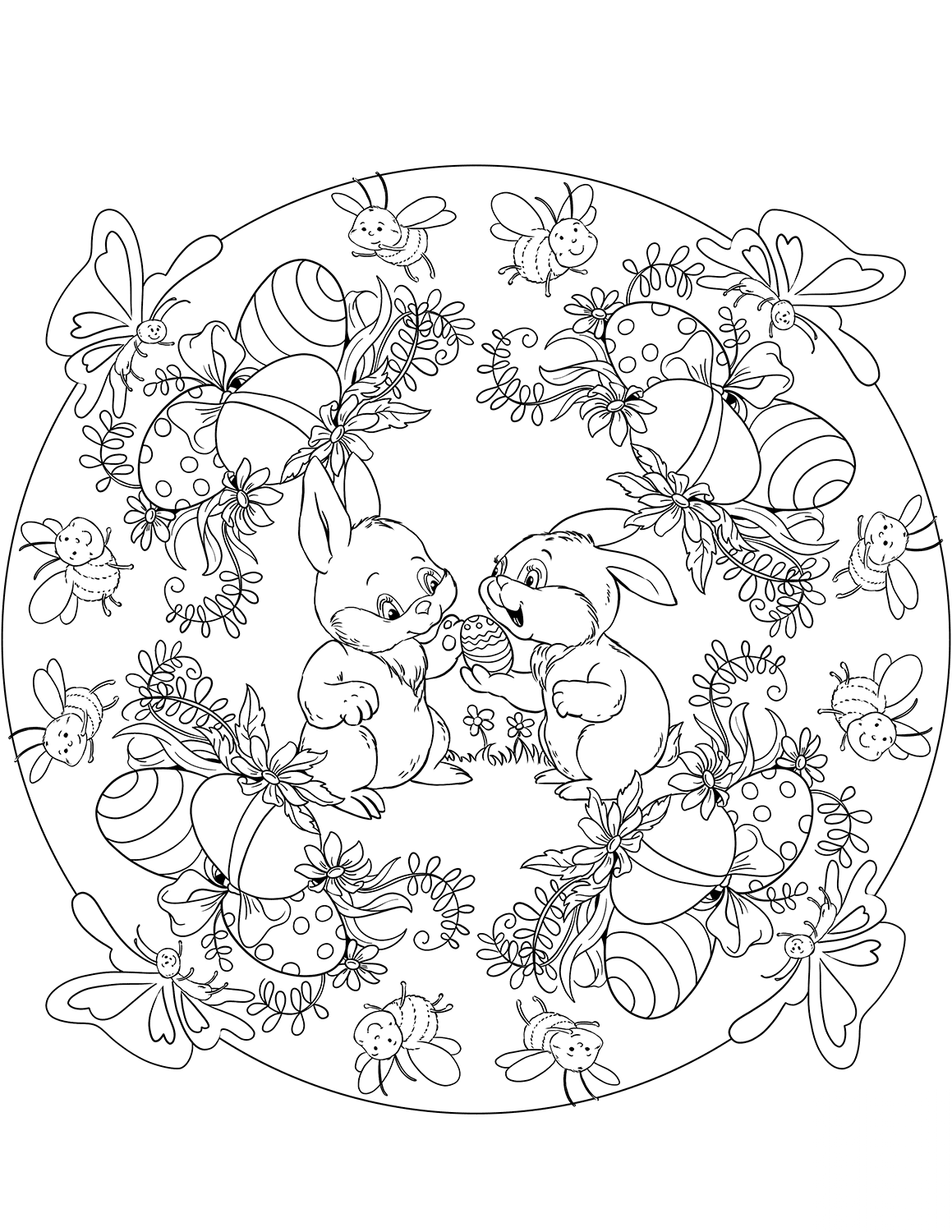 Easter Mandala with Two Rabbits and...