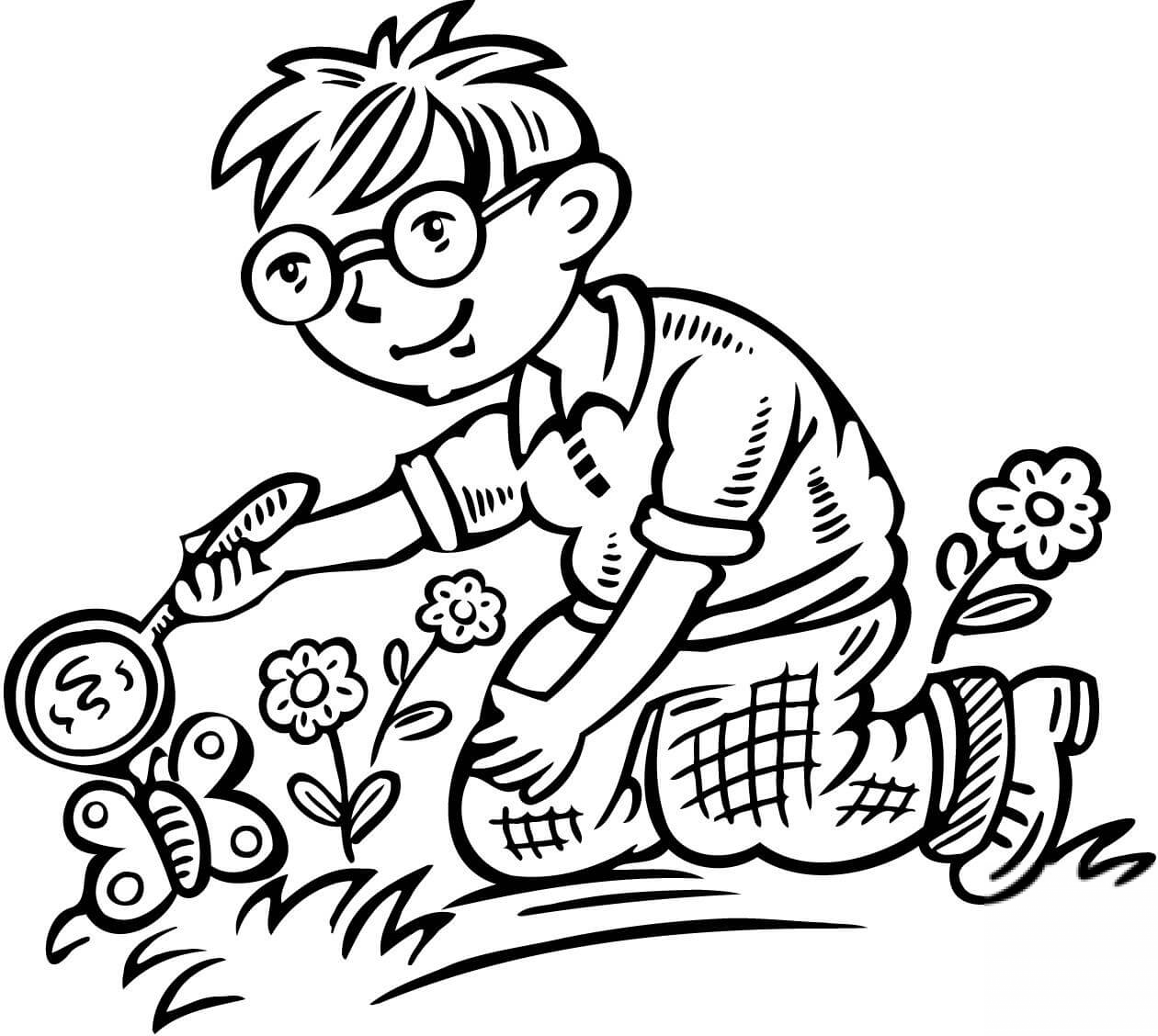 Chłopiec szuka motyla przez szkło...