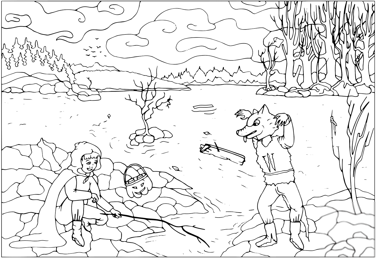 Red Ridding Hood and Wolf by the River