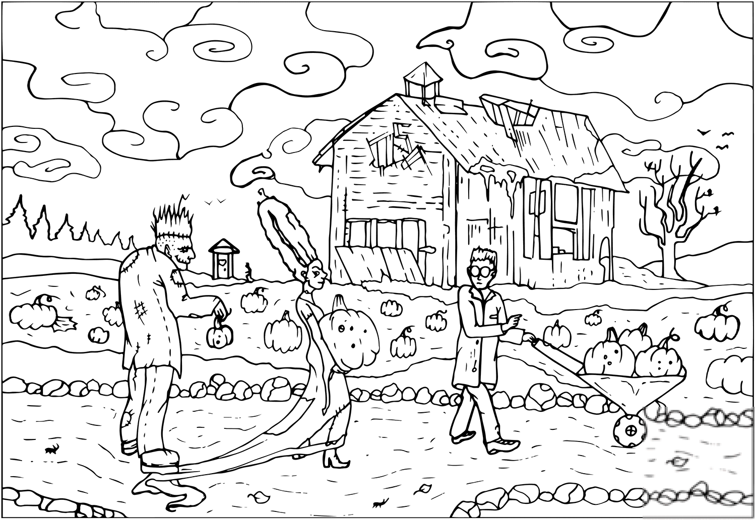 Frankenstein Harvests Pumpkins