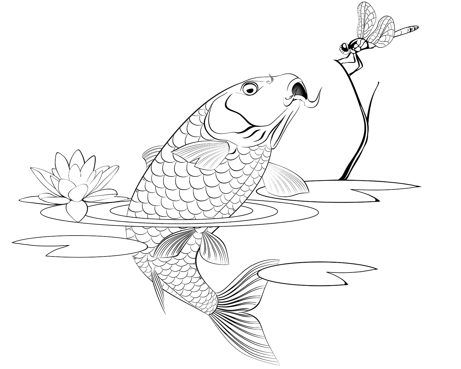 Jumping Carp Catching a Dragonfly