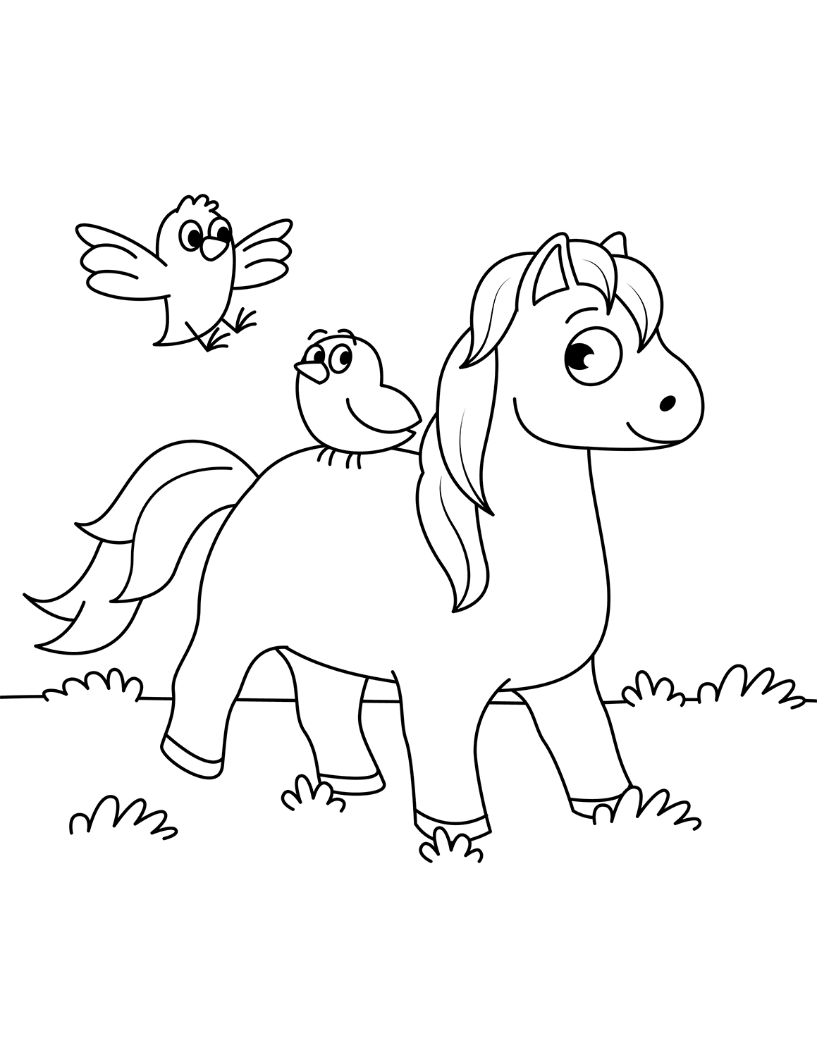 Cute Horse and Two Little Birds