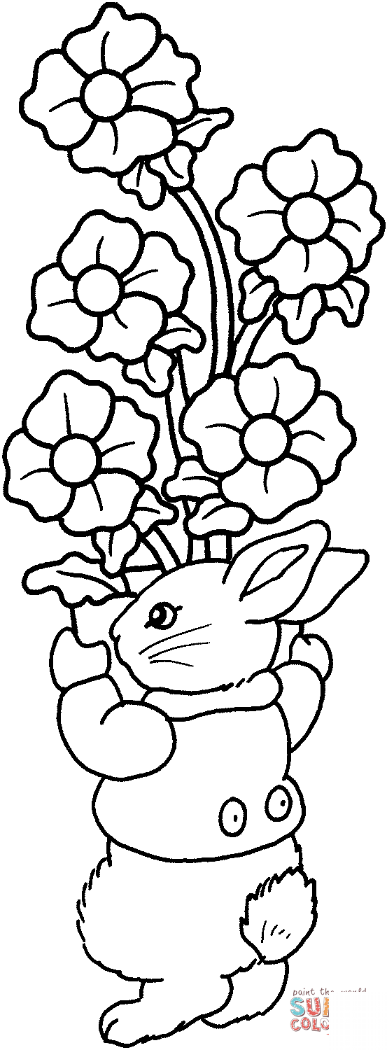 Królik trzymający dużo kwiatów