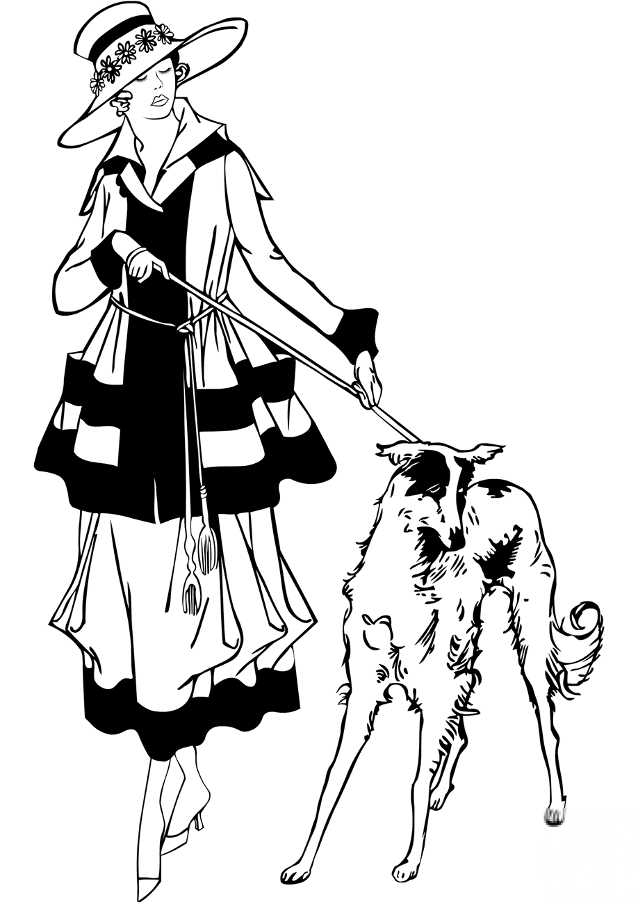 1920s Style Woman Walking Dog