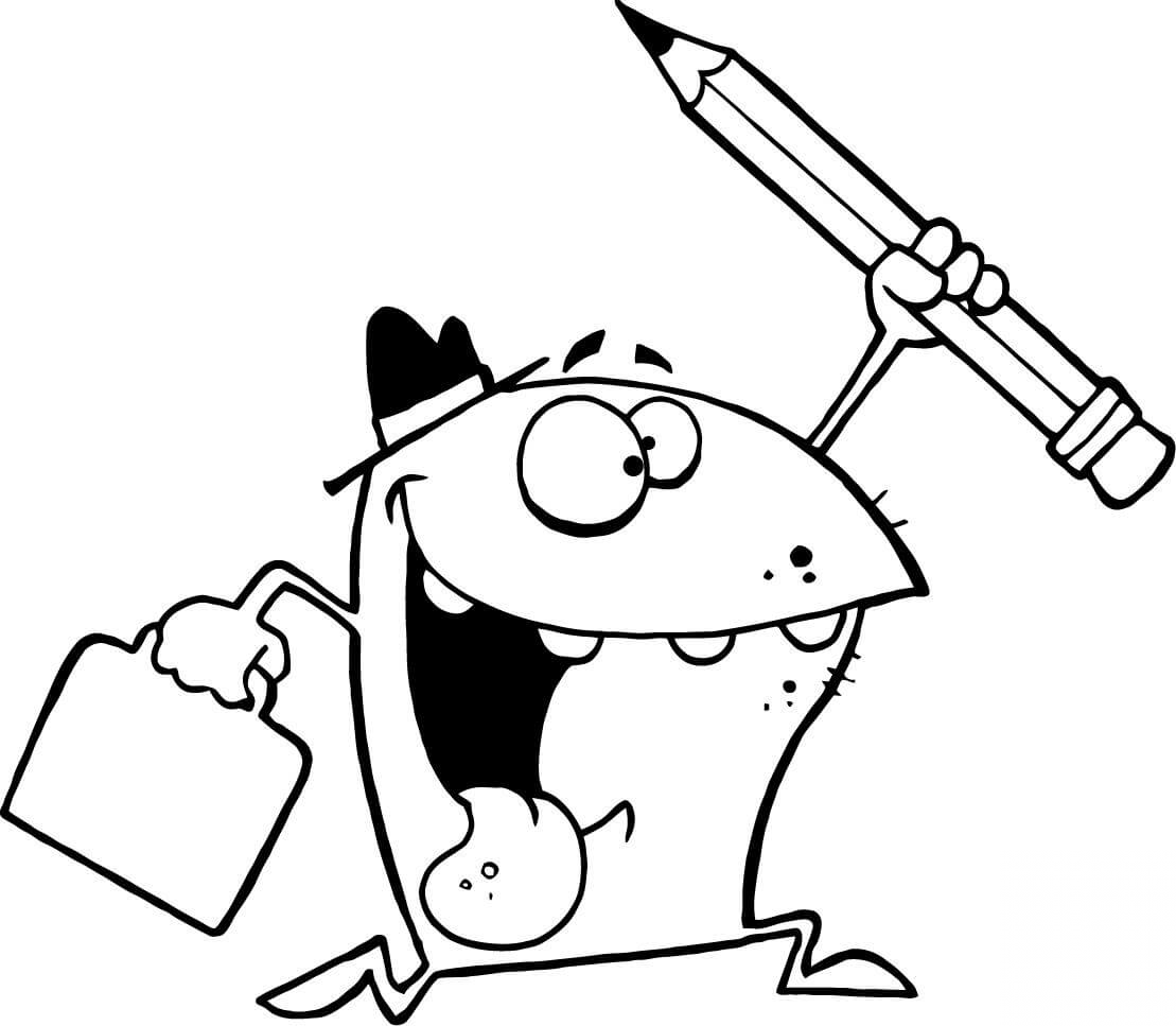 Wesoły potworek biegnie z teczką i...