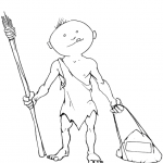 Cartoon Caveman with Torch and Stone