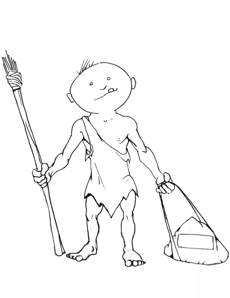 Cartoon Caveman with Torch and Stone