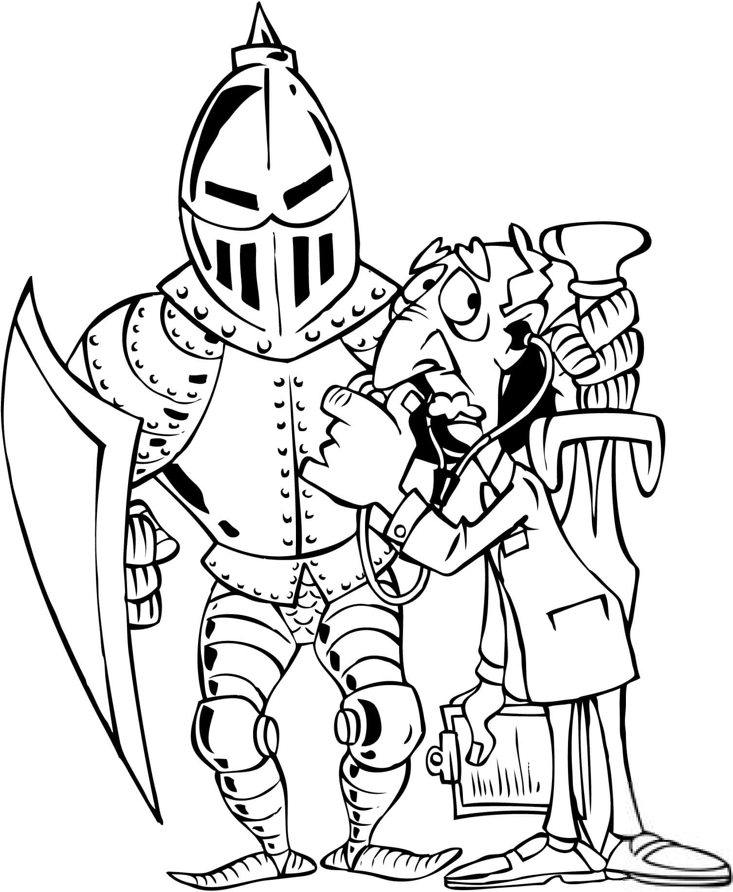 Doktor badający rycerza w zbroi