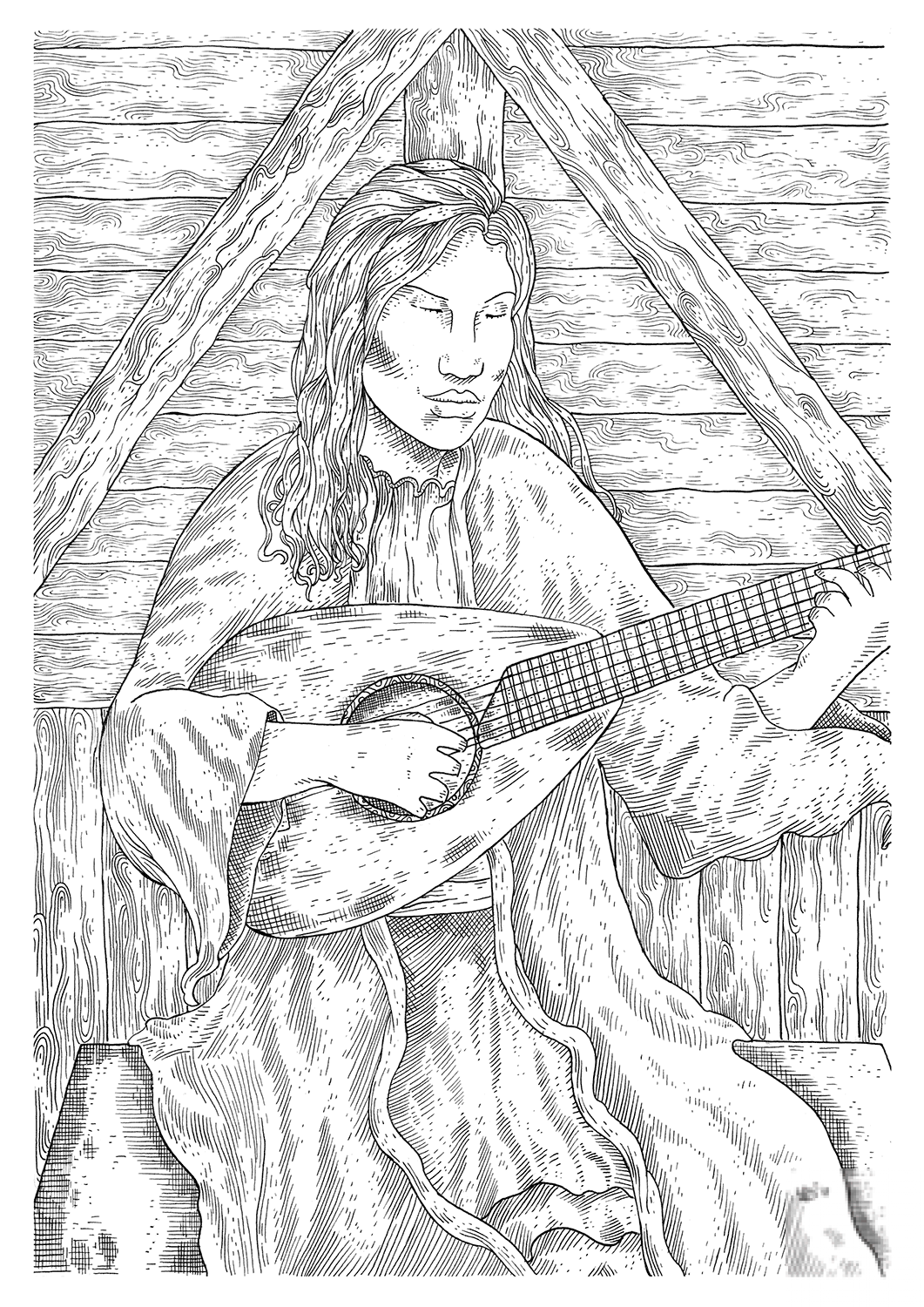 Medieval Peasant Woman Playing Guitar
