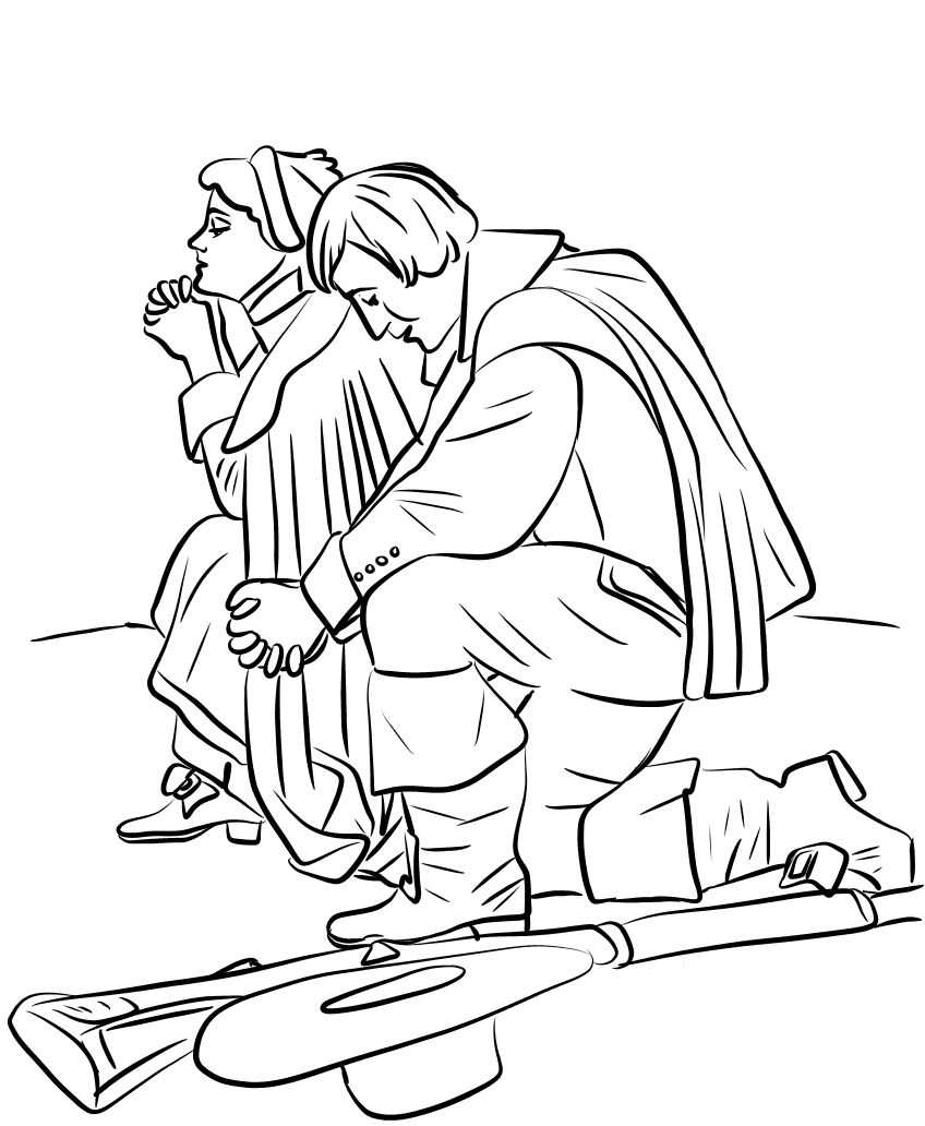 Pilgrim Couple Kneeling in Prayer