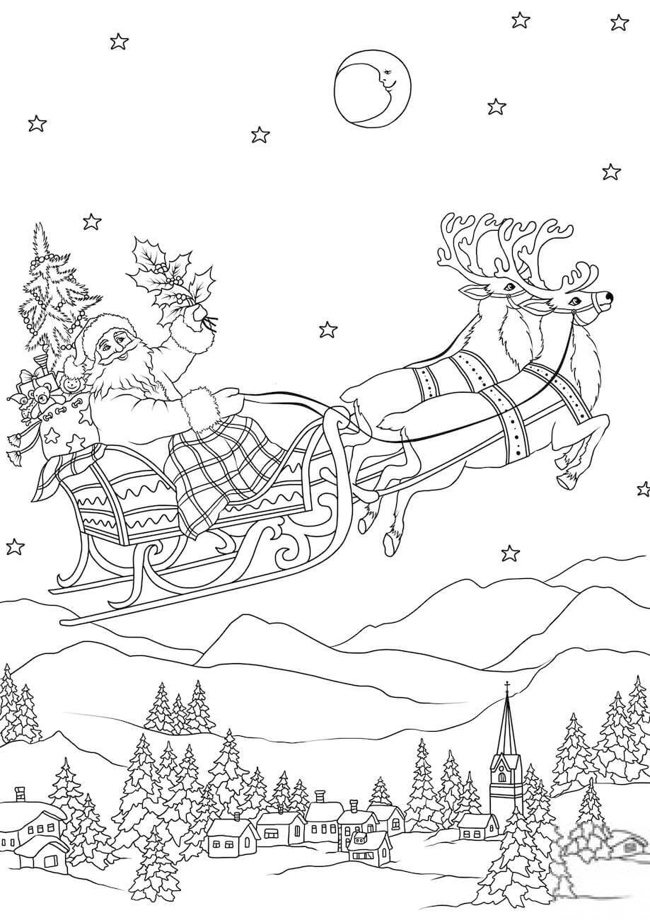 Santa Flying in His Sleigh Pulled...