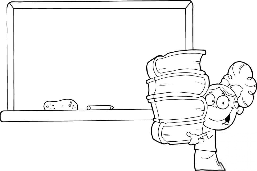 Uczennica z książkami przy tablicy...