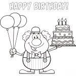 Klown urodzinowy z balonami i tortem