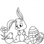 Cute Easter Chick, Bunny and Eggs