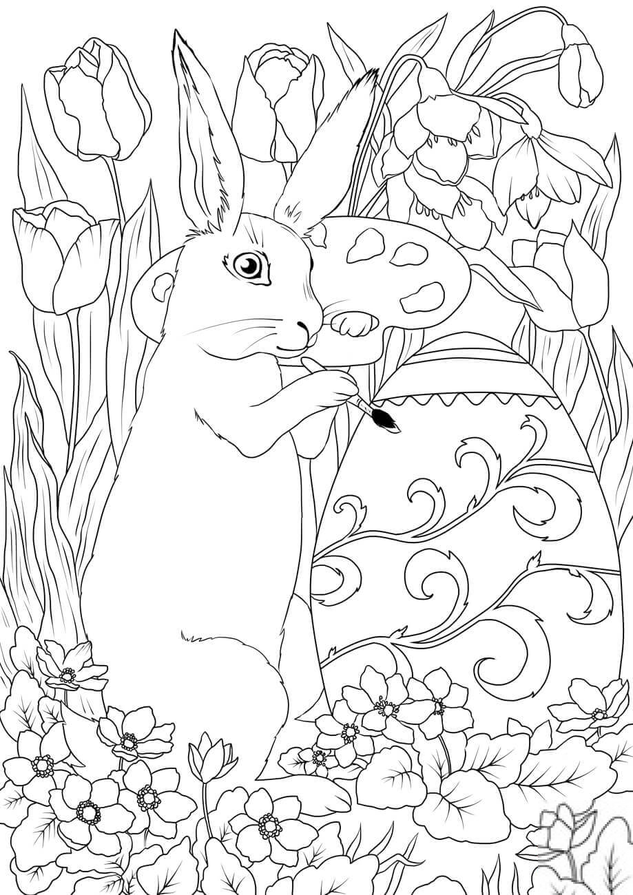 Easter Rabbit is Decorating An Egg