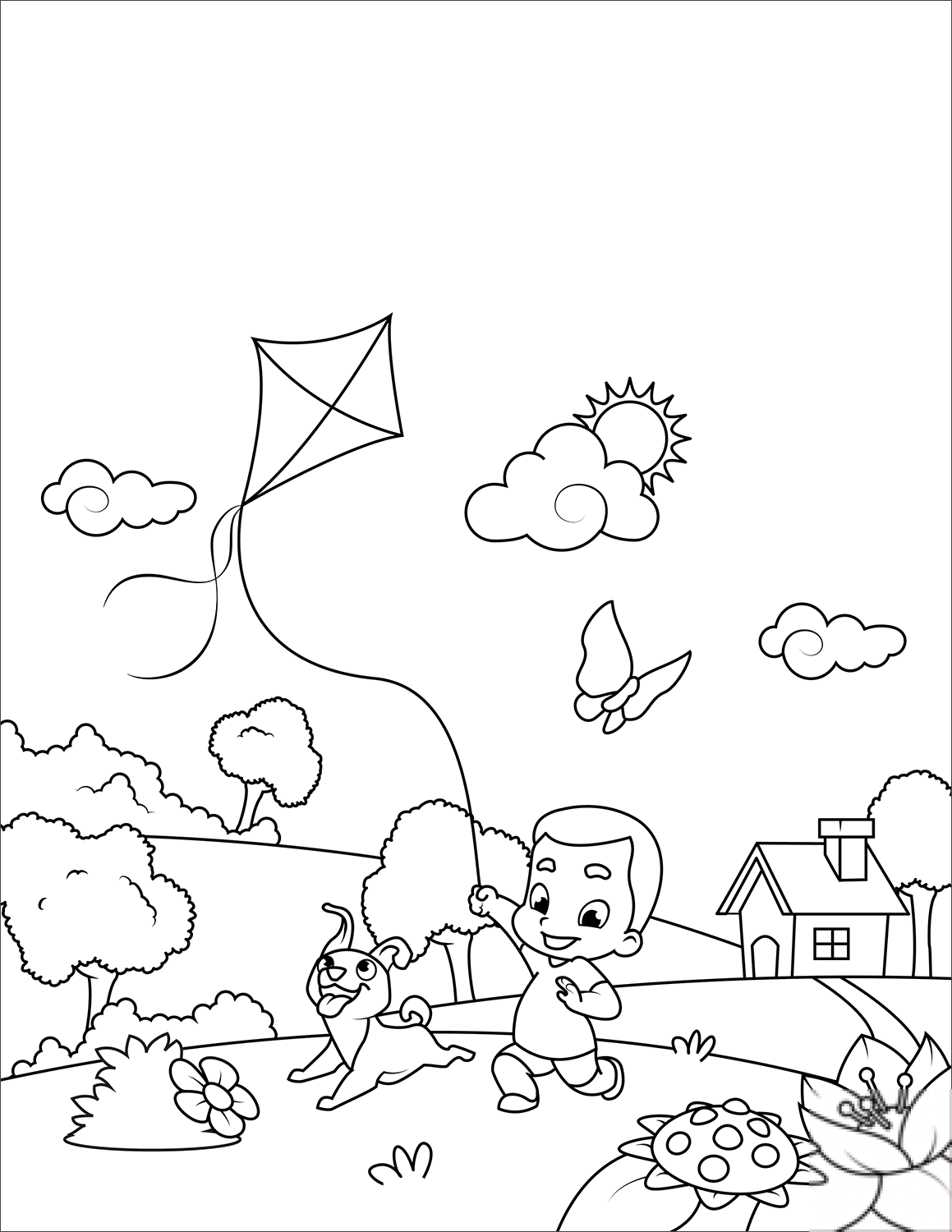 Boy with a Dog Flying a Kite