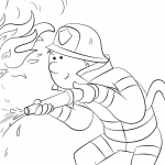 Cartoon Firefighter Sprays a Fire Hose