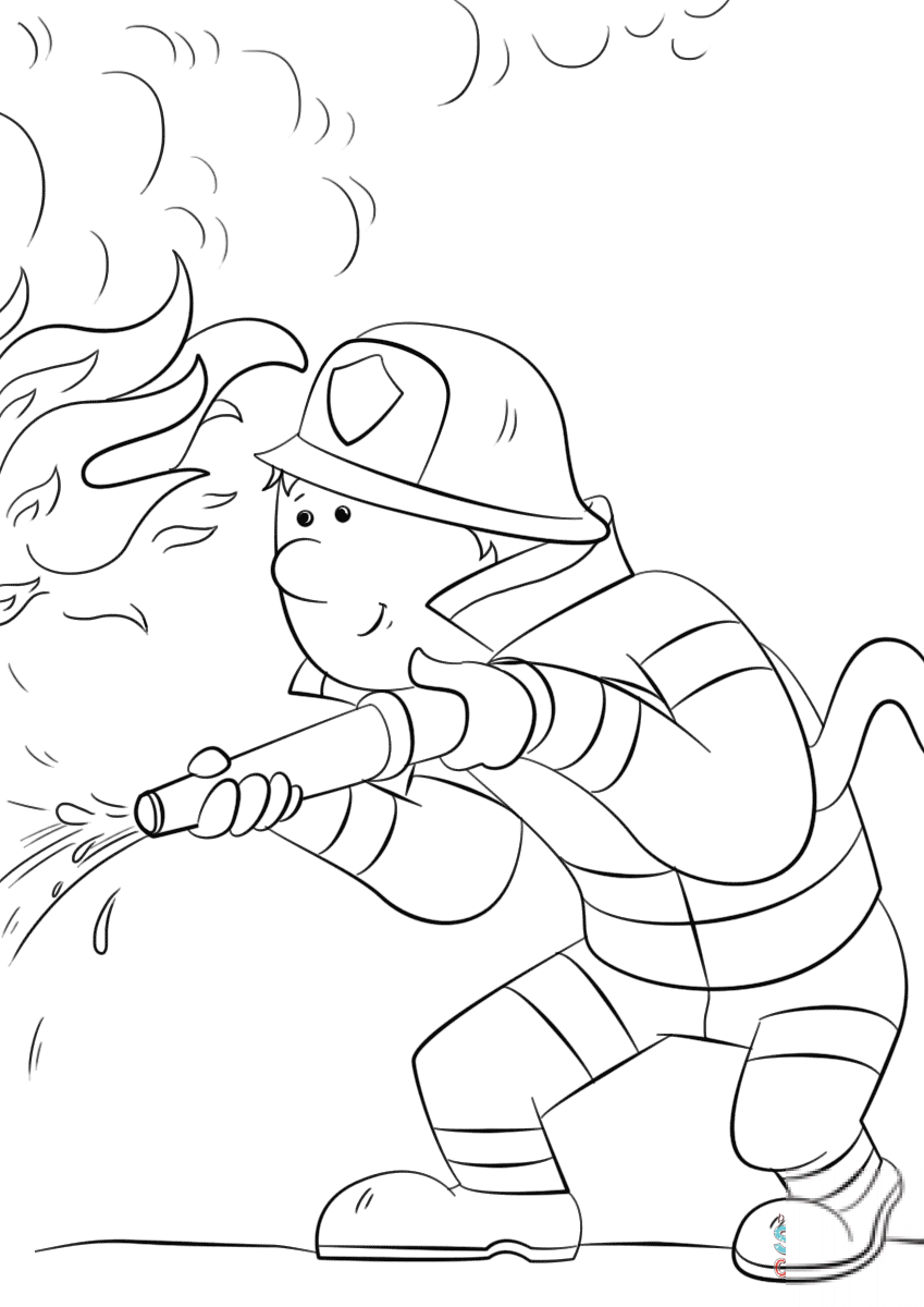 Cartoon Firefighter Sprays a Fire Hose